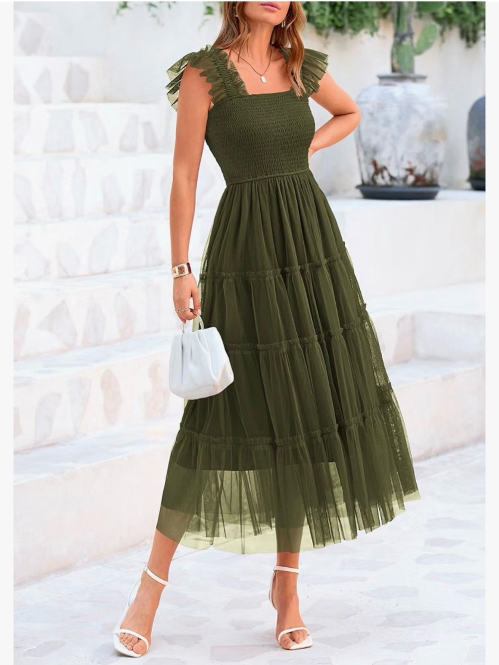 Smocked Olive Midi Dress with Ruffle Straps